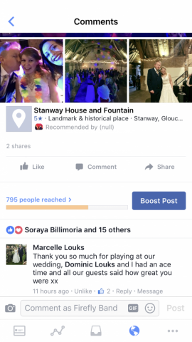 Firefly Band at Stanway House and Fountain wedding band testimonial