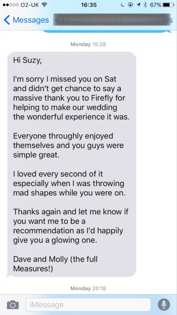 Testimonial for Firefly Band for hire for events and weddings in South West England