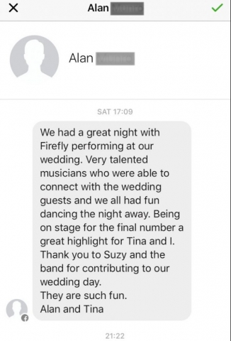 Testimonial for Firefly wedding band in Cheltenham