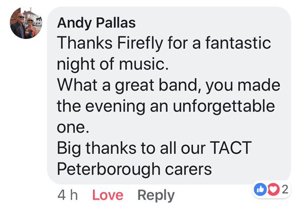 Firefly Band event TACT Peterborough carers function band testimonial