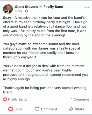 Firefly Band testimonial 50th birthday party band for hire Somerset