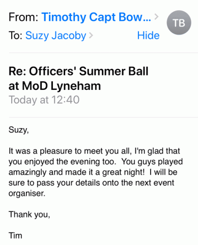 Firefly Band testimonial Officers Summer Ball MoD Lyneham function band for hire