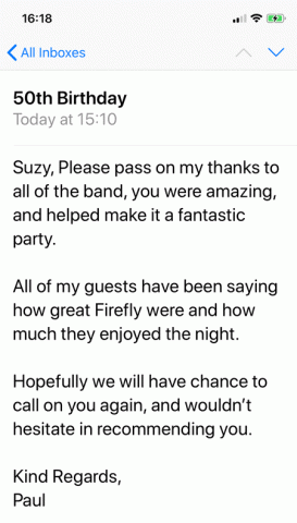 Firefly Band testimonial 50th birthday party band for hire Cirencester